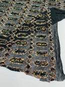 Fancy Gem Jewel Fabric - Gold Iridescent on Black - Geometric Stretch Sequins Design on Mesh By Yard