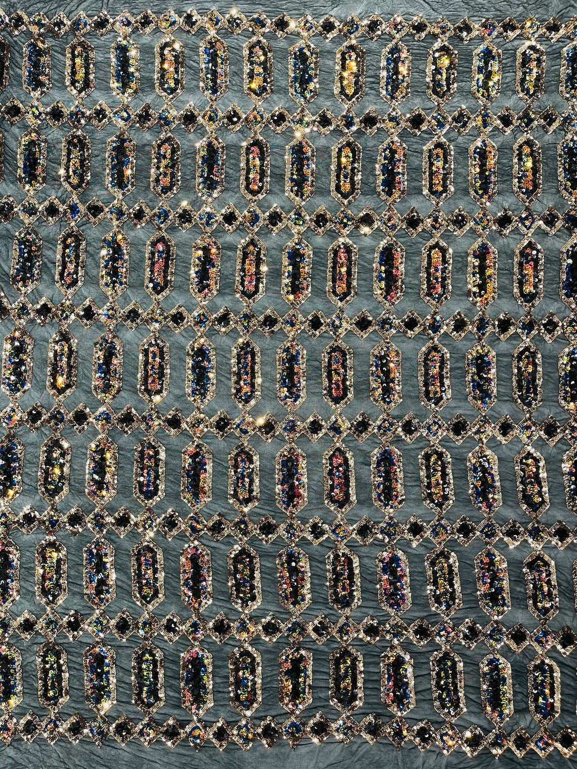 Geometric Stretch Sequin - Fancy Gem Jewel Design on Mesh Pick Color - 25 Yard Roll