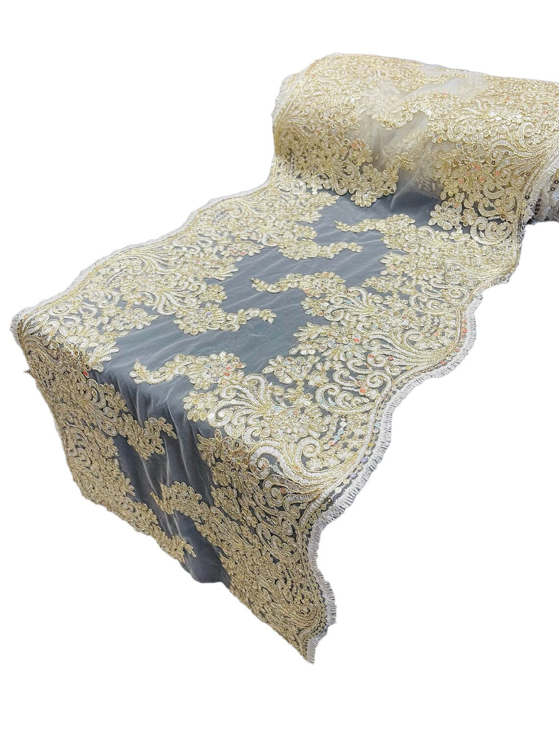 14" Metallic Floral Design Lace Table Runner - Gold / Ivory - Event Table Decor Runner Sold By Yard