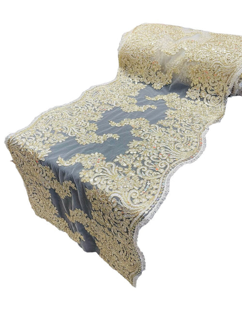 14" Metallic Floral Design Lace Table Runner - Gold / Ivory - Event Table Decor Runner Sold By Yard