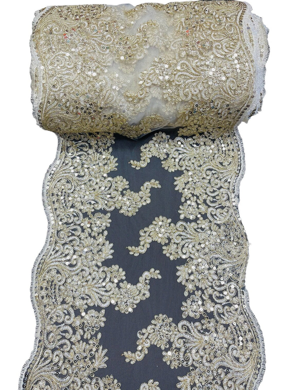 14" Metallic Floral Design Lace Table Runner - Gold / Ivory - Event Table Decor Runner Sold By Yard