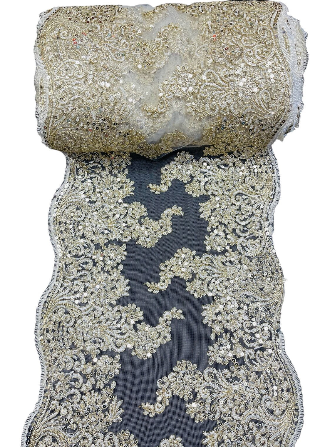 14" Metallic Floral Design Lace Table Runner - Gold / Ivory - Event Table Decor Runner Sold By Yard