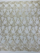 Metallic Thread Leaf Design - Gold / Off-White - Embroidered Leaf With Sequins Design on Mesh Lace Fabric by the Yard