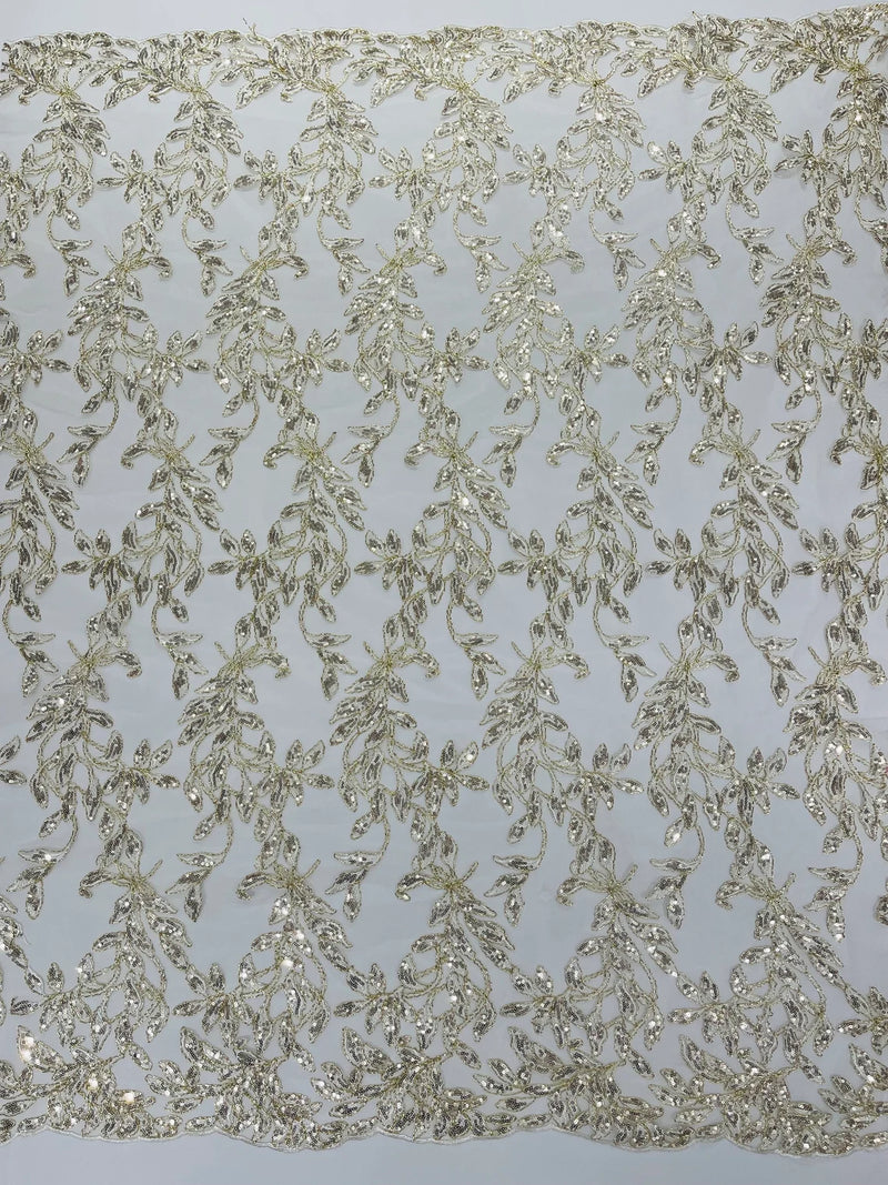 Metallic Thread Leaf Design - Gold / Off-White - Embroidered Leaf With Sequins Design on Mesh Lace Fabric by the Yard