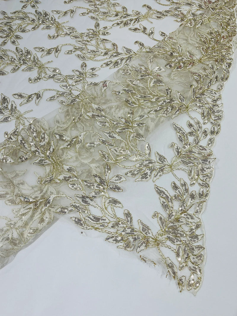 Metallic Thread Leaf Design - Gold / Off-White - Embroidered Leaf With Sequins Design on Mesh Lace Fabric by the Yard