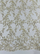 Metallic Thread Leaf Design - Gold / Off-White - Embroidered Leaf With Sequins Design on Mesh Lace Fabric by the Yard