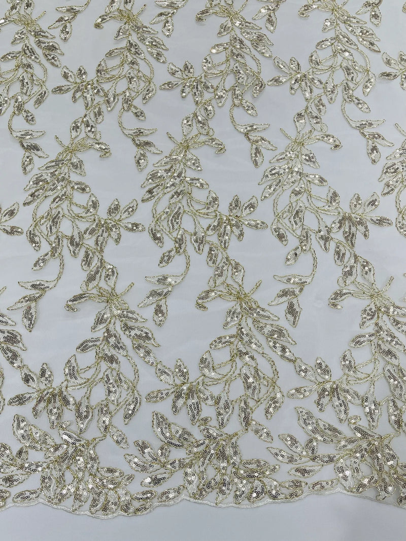 Metallic Thread Leaf Design - Gold / Off-White - Embroidered Leaf With Sequins Design on Mesh Lace Fabric by the Yard