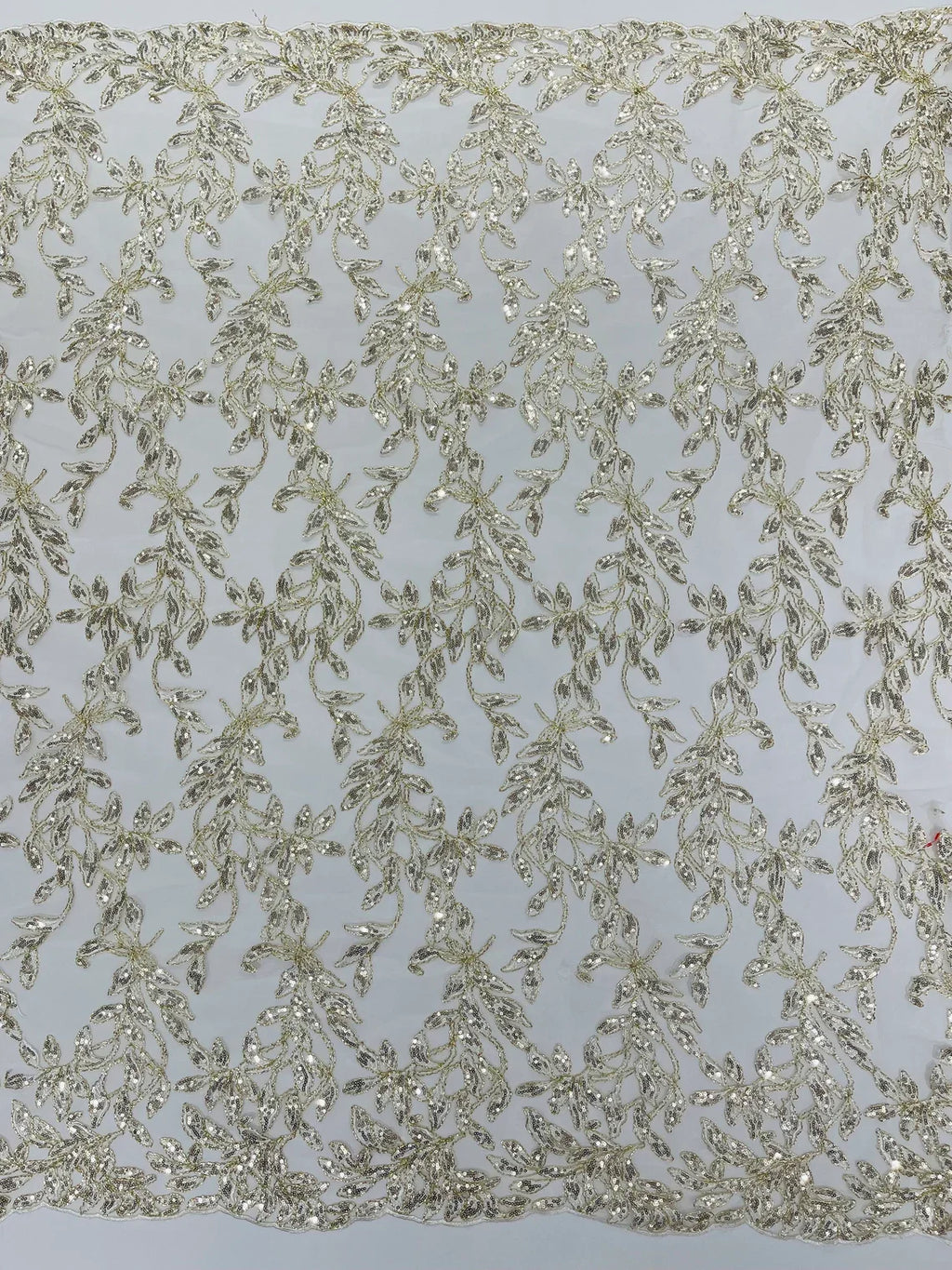 Metallic Thread Leaf Design - Gold / Off-White - Embroidered Leaf With Sequins Design on Mesh Lace Fabric by the Yard