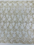 Metallic Thread Leaf Design - Gold / Off-White - Embroidered Leaf With Sequins Design on Mesh Lace Fabric by the Yard