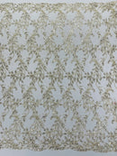 Metallic Thread Leaf Design - Gold / Off-White - Embroidered Leaf With Sequins Design on Mesh Lace Fabric by the Yard