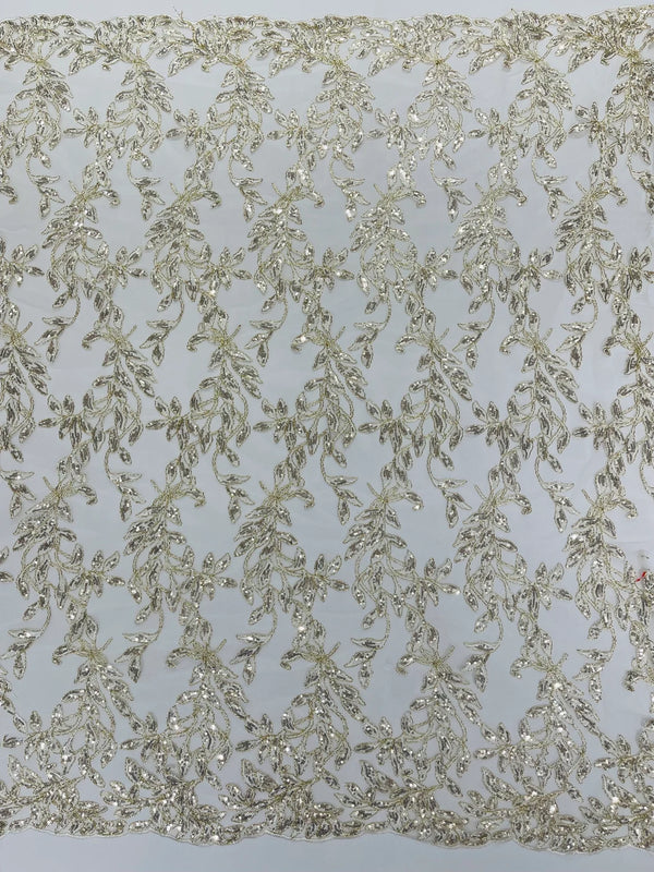 Metallic Thread Leaf Design - Gold / Off-White - Embroidered Leaf With Sequins Design on Mesh Lace Fabric by the Yard