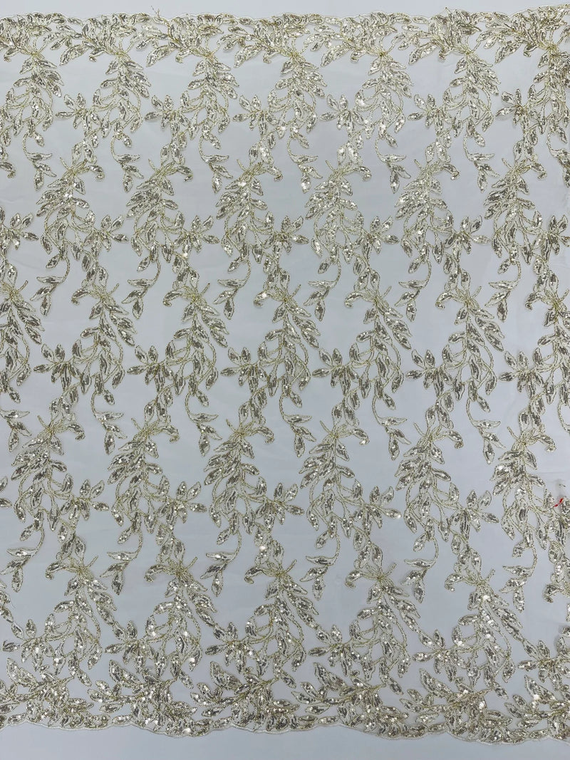 Metallic Thread Leaf Design - Gold / Off-White - Embroidered Leaf With Sequins Design on Mesh Lace Fabric by the Yard