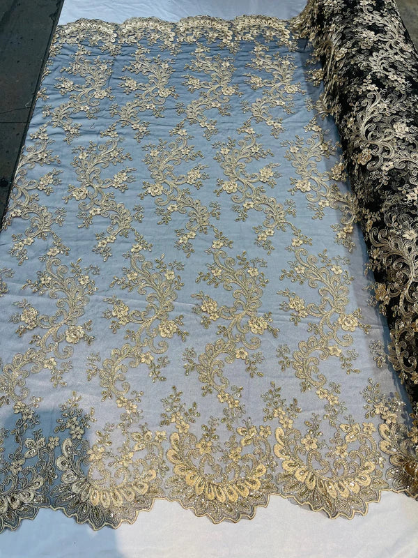 Lace Sequins Fabric - Corded Flower Embroidery Design Mesh Fabric - 25 Yard Roll