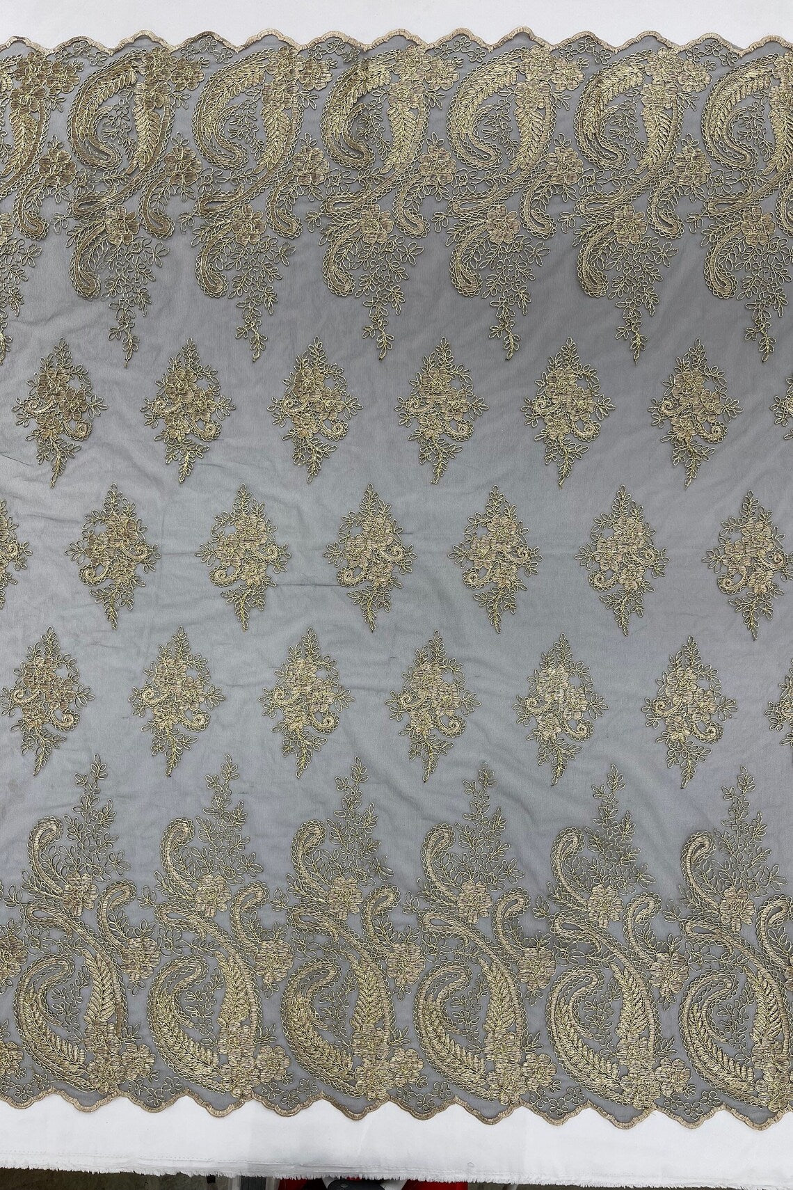 Metallic Corded Lace - Gold on Black - Paisley Floral Fabric with Metallic Thread on a Mesh Lace By Yard