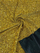 Sequins on Metallic Foil - Gold on Black - 5mm Sequins Confetti 2Way Stretch Spandex Fabric by yard