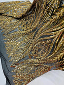 Mermaid Design Sequins Fabric - Gold on Black - Sequins Fabric 4 Way Stretch on Mesh By Yard