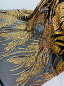 Wavy Leaf Sequins Fabric - Gold on Black - Wavy Lines and Leaves Design on Lace Mesh Fabric by Yard