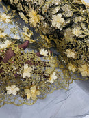 3D Flower Glitter Fabric - Gold on Black - Floral Glitter Sequin Design on Lace Mesh Fabric by Yard