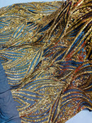 Curvy Line Design Fabric - Gold on Black - 4 Way Stretch Sequins Design Mesh Lace Fabric by Yard