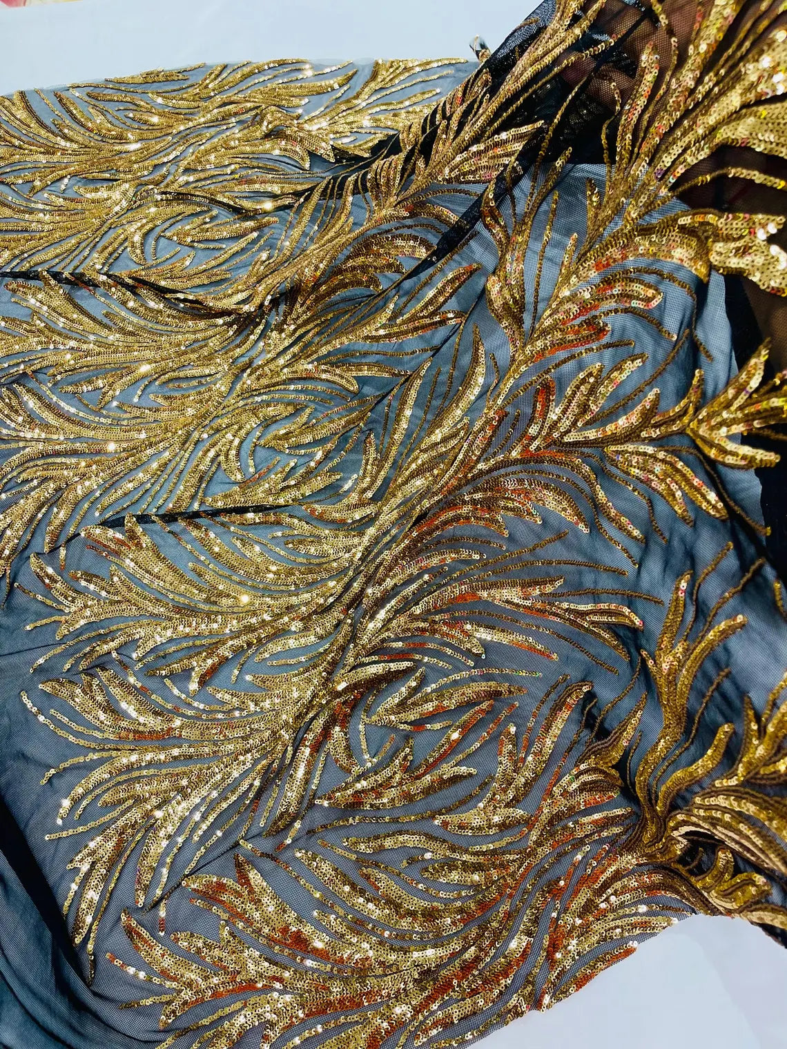 Leaf Design Stretch Sequins - Gold on Black - 4 Way Stretch Lace Mesh Sequins Fabric by Yard
