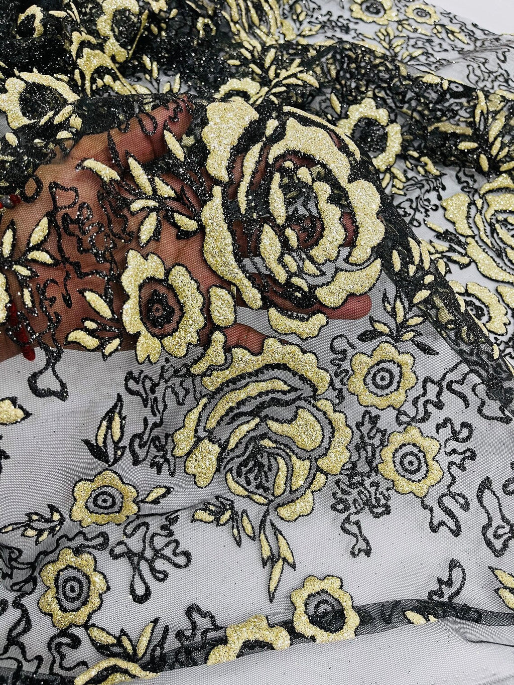 3D Rose Chunky Glitter Fabric - Gold on Black - Rose Floral Design Glitter on Tulle Fabric Sold by Yard