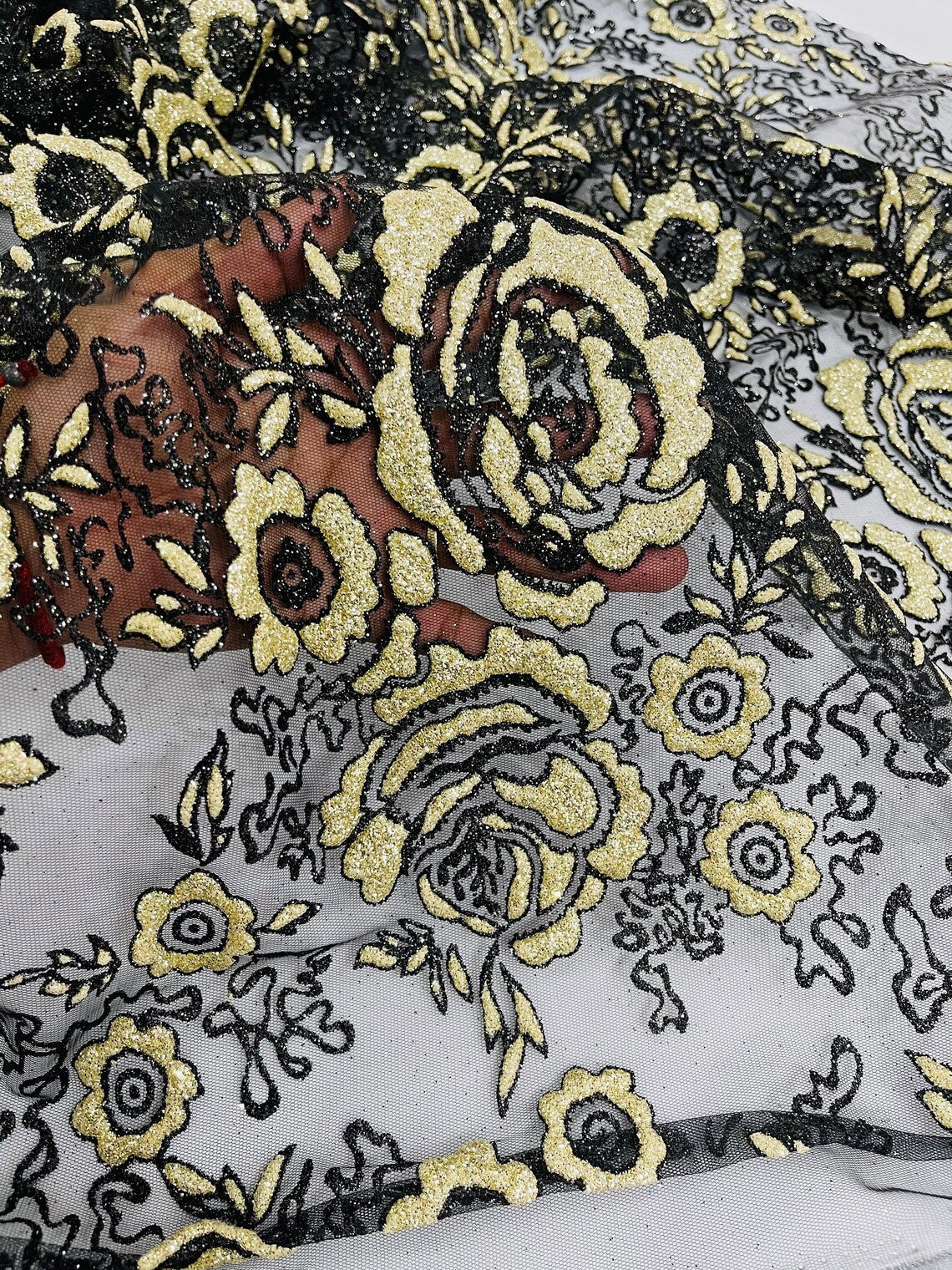 3D Rose Chunky Glitter Fabric - Gold on Black - Rose Floral Design Glitter on Tulle Fabric Sold by Yard