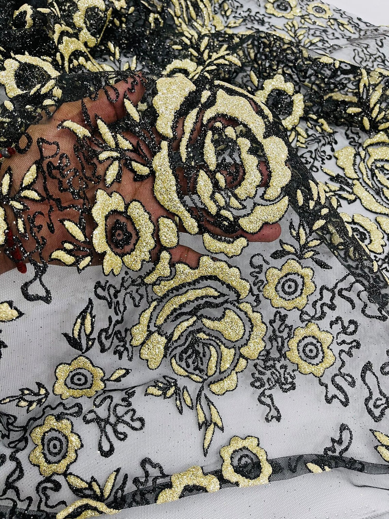 3D Rose Chunky Glitter Fabric - Gold on Black - Rose Floral Design Glitter on Tulle Fabric Sold by Yard