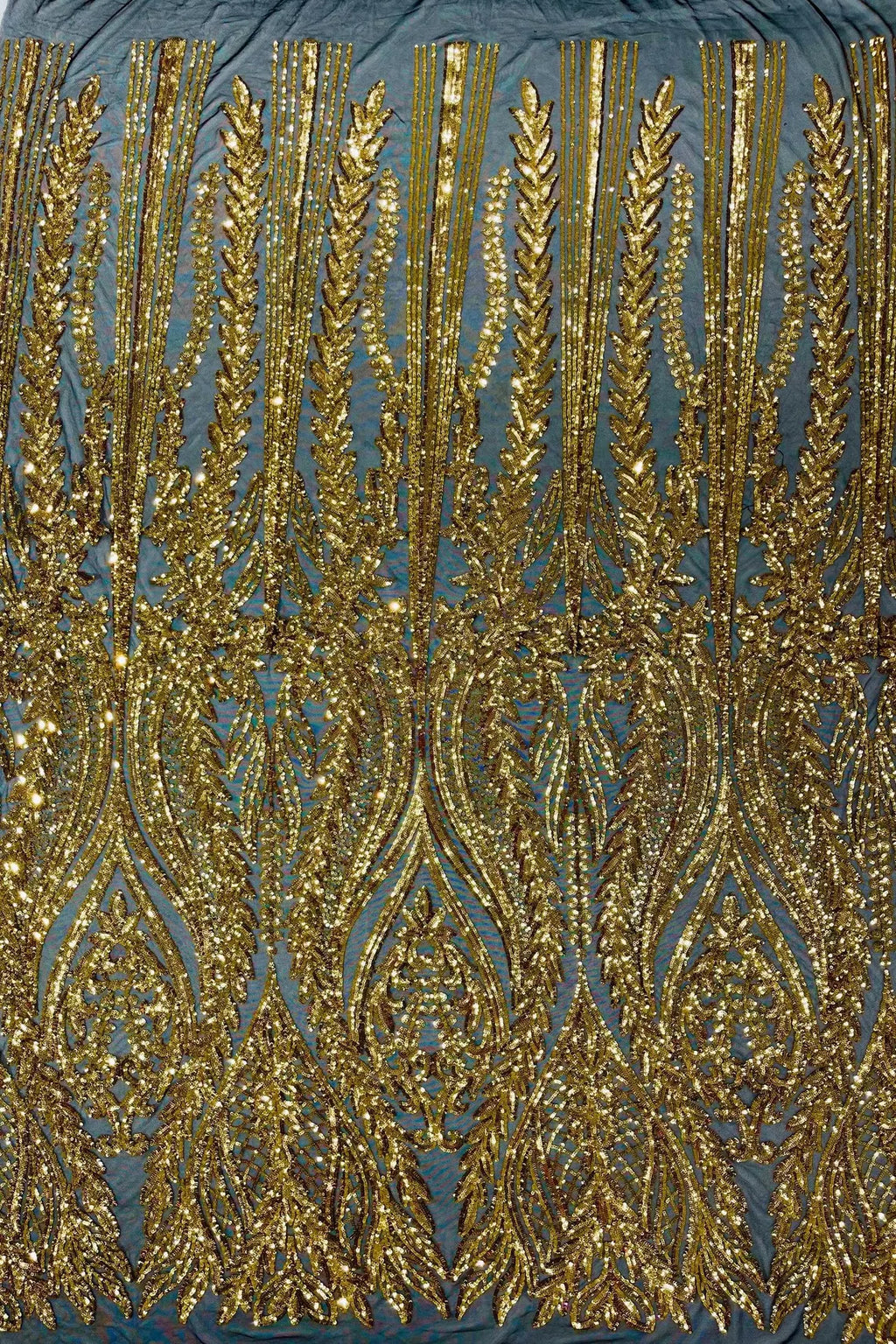 Mermaid Design Sequins Fabric - Gold on Black - Sequins Fabric 4 Way Stretch on Mesh By Yard