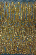 Mermaid Design Sequins Fabric - Gold on Black - Sequins Fabric 4 Way Stretch on Mesh By Yard