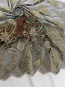 Metallic Corded Lace - Gold on Black - Paisley Floral Fabric with Metallic Thread on a Mesh Lace By Yard