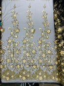 3D Flower Glitter Fabric - Gold on Black - Floral Glitter Sequin Design on Lace Mesh Fabric by Yard