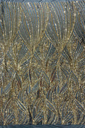 Curvy Line Design Fabric - Gold on Black - 4 Way Stretch Sequins Design Mesh Lace Fabric by Yard