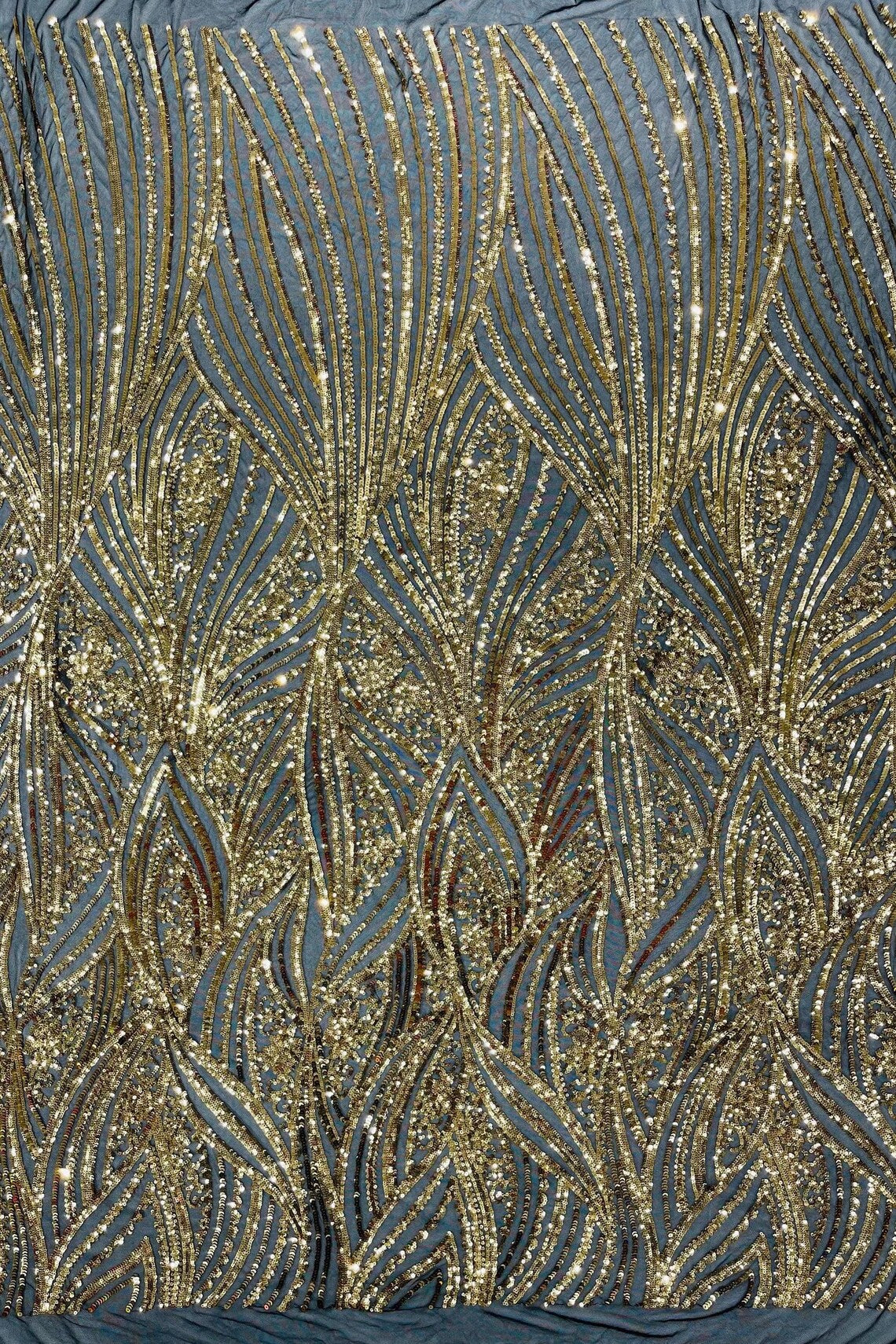 Curvy Line Design Fabric - Gold on Black - 4 Way Stretch Sequins Design Mesh Lace Fabric by Yard