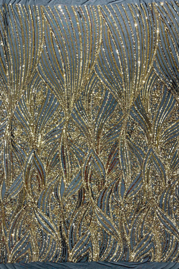 Curvy Line Design Fabric - Gold on Black - 4 Way Stretch Sequins Design Mesh Lace Fabric by Yard