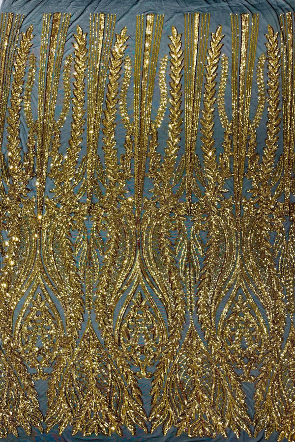 Mermaid Design Sequins Fabric - Gold on Black - Sequins Fabric 4 Way Stretch on Mesh By Yard