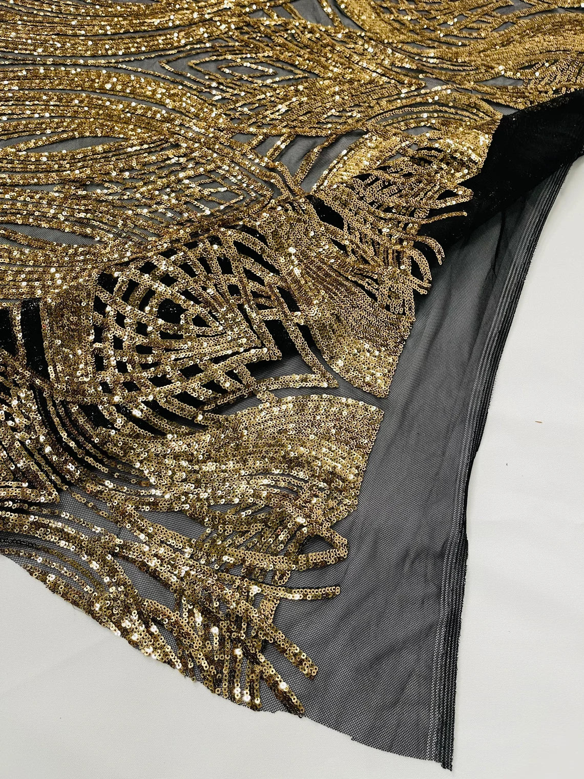 Long Wavy Pattern Sequins - Gold on Black - 4 Way Stretch Sequins Fabric Line Design By Yard