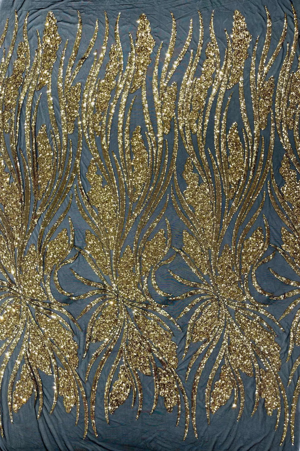 Wavy Leaf Sequins Fabric - Gold on Black - Wavy Lines and Leaves Design on Lace Mesh Fabric by Yard