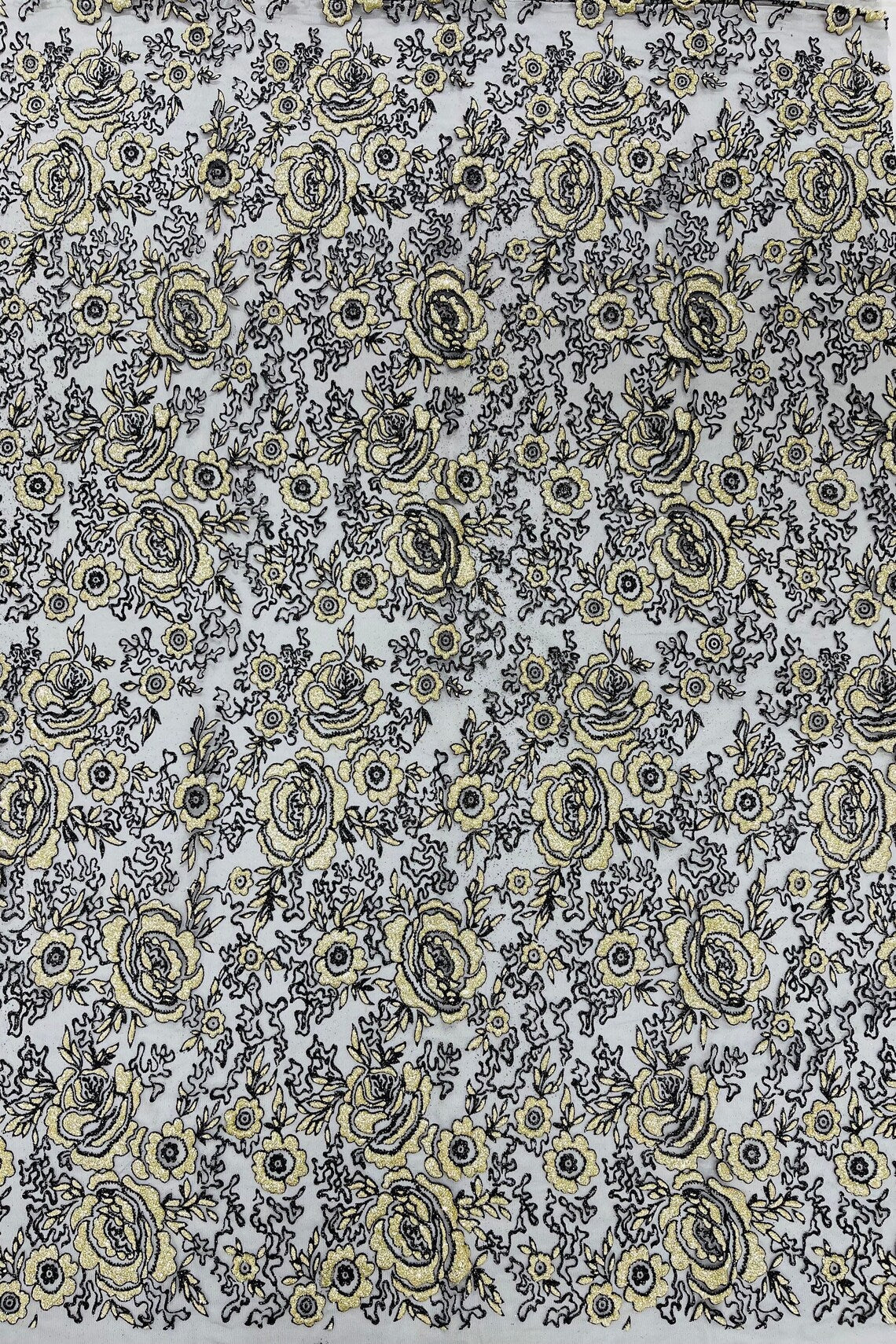 3D Rose Chunky Glitter Fabric - Gold on Black - Rose Floral Design Glitter on Tulle Fabric Sold by Yard