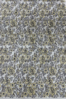 3D Rose Chunky Glitter Fabric - Gold on Black - Rose Floral Design Glitter on Tulle Fabric Sold by Yard