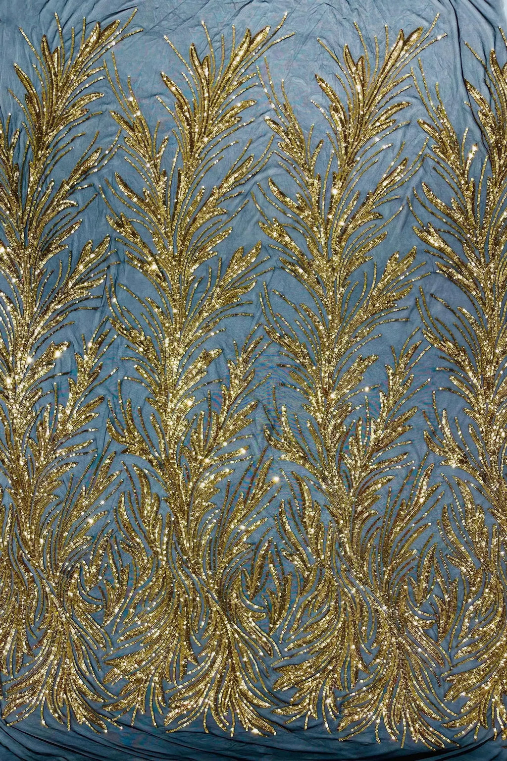 Leaf Design Stretch Sequins - Gold on Black - 4 Way Stretch Lace Mesh Sequins Fabric by Yard