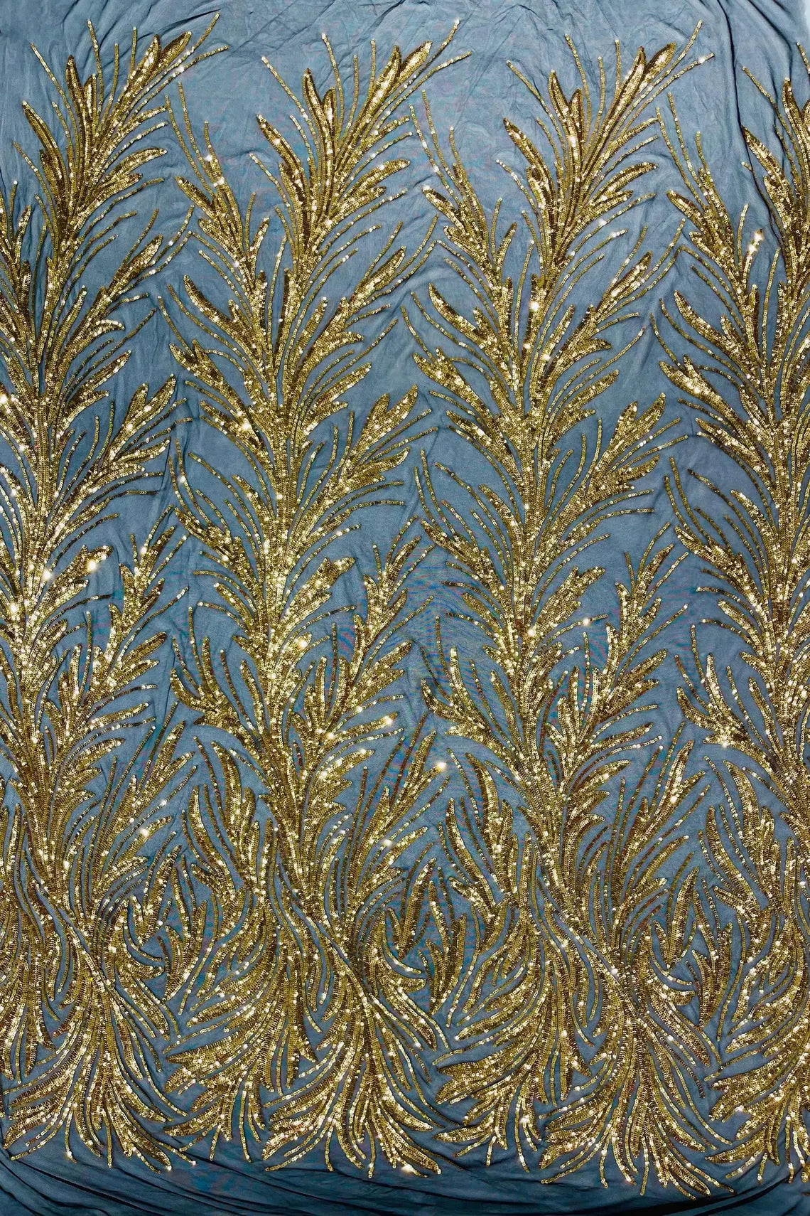 Leaf Design Stretch Sequins - Gold on Black - 4 Way Stretch Lace Mesh Sequins Fabric by Yard