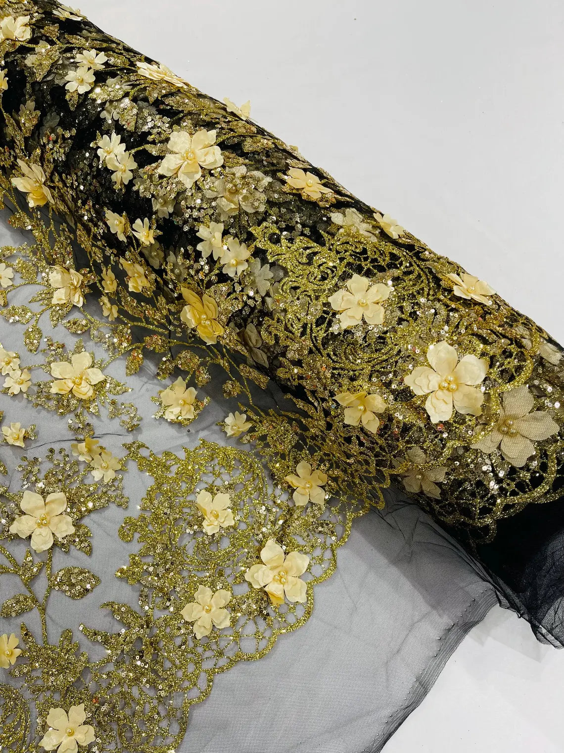 3D Flower Glitter Fabric - Gold on Black - Floral Glitter Sequin Design on Lace Mesh Fabric by Yard