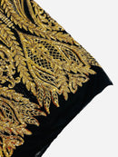 Mermaid Design Sequins Fabric - Gold on Black - Sequins Fabric 4 Way Stretch on Mesh By Yard