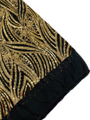 Curvy Line Design Fabric - Gold on Black - 4 Way Stretch Sequins Design Mesh Lace Fabric by Yard