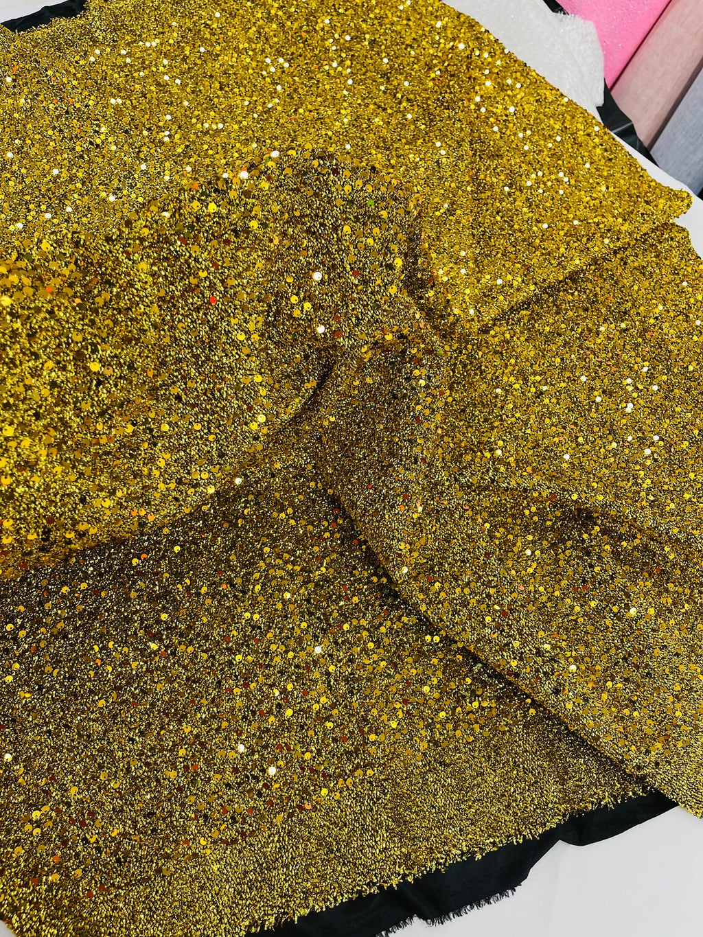 Sequins on Metallic Foil - Gold on Black - 5mm Sequins Confetti 2Way Stretch Spandex Fabric by yard
