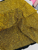 Sequins on Metallic Foil - Gold on Black - 5mm Sequins Confetti 2Way Stretch Spandex Fabric by yard