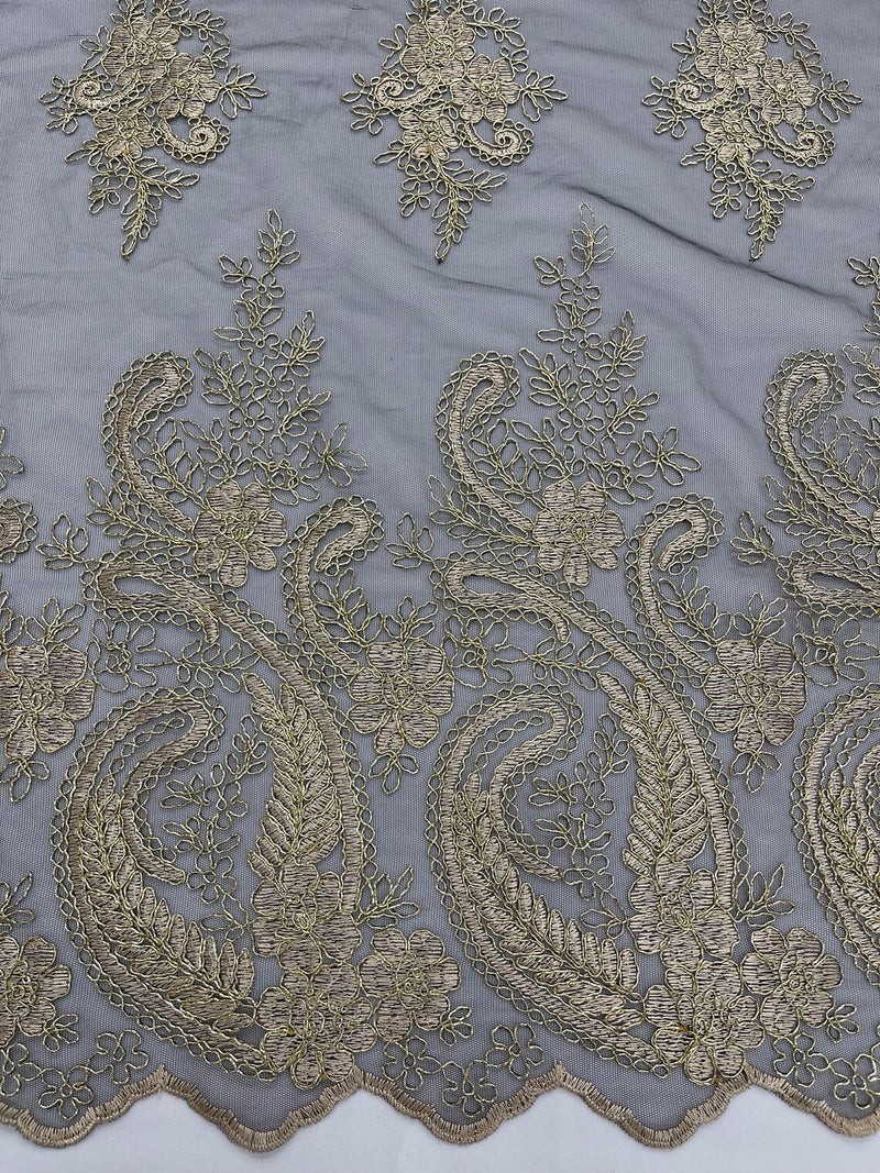 Metallic Corded Lace - Gold on Black - Paisley Floral Fabric with Metallic Thread on a Mesh Lace By Yard