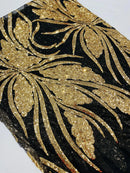 Wavy Leaf Sequins Fabric - Gold on Black - Wavy Lines and Leaves Design on Lace Mesh Fabric by Yard