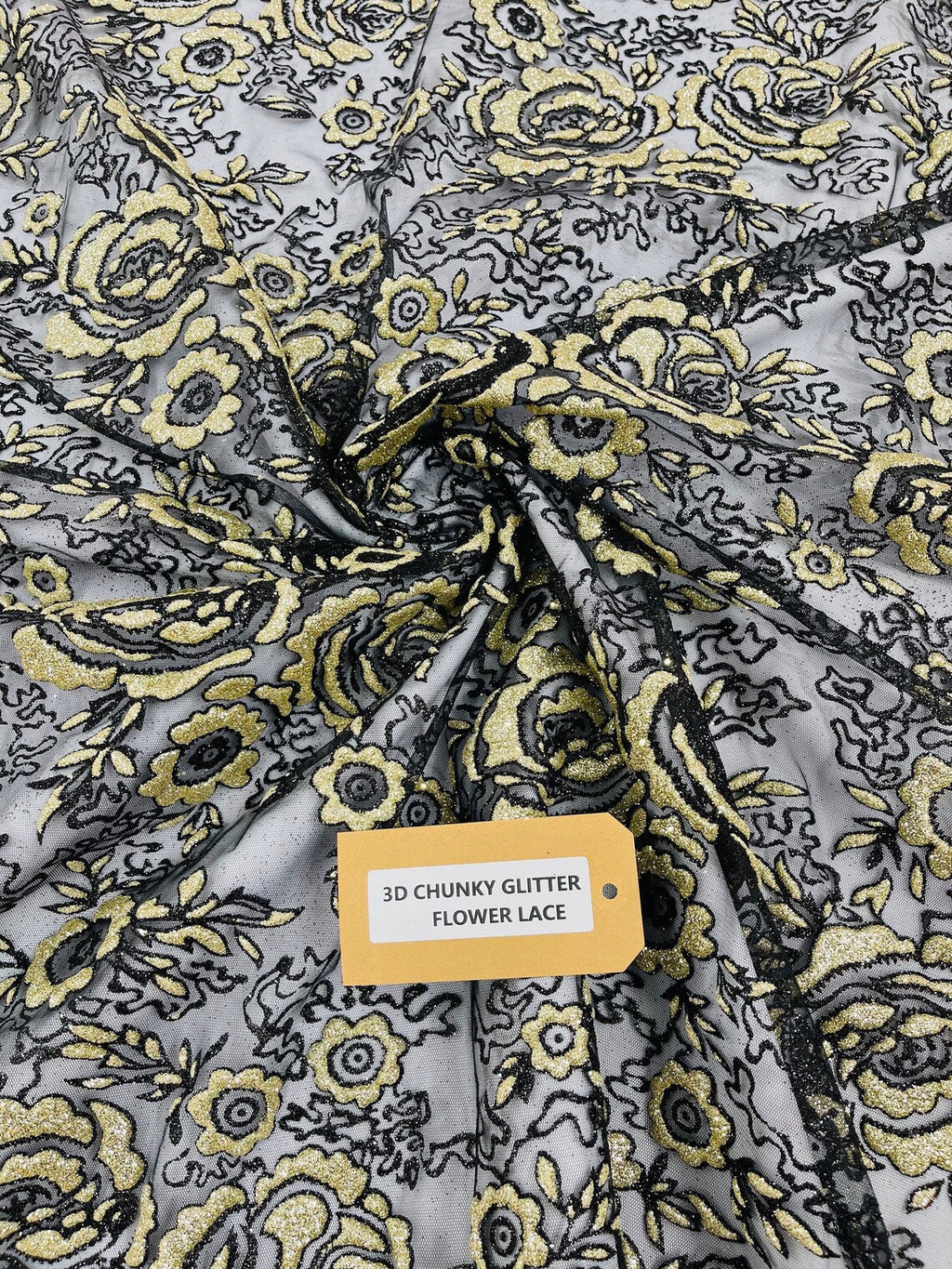 3D Rose Chunky Glitter Fabric - Gold on Black - Rose Floral Design Glitter on Tulle Fabric Sold by Yard