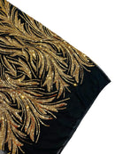 Leaf Design Stretch Sequins - Gold on Black - 4 Way Stretch Lace Mesh Sequins Fabric by Yard